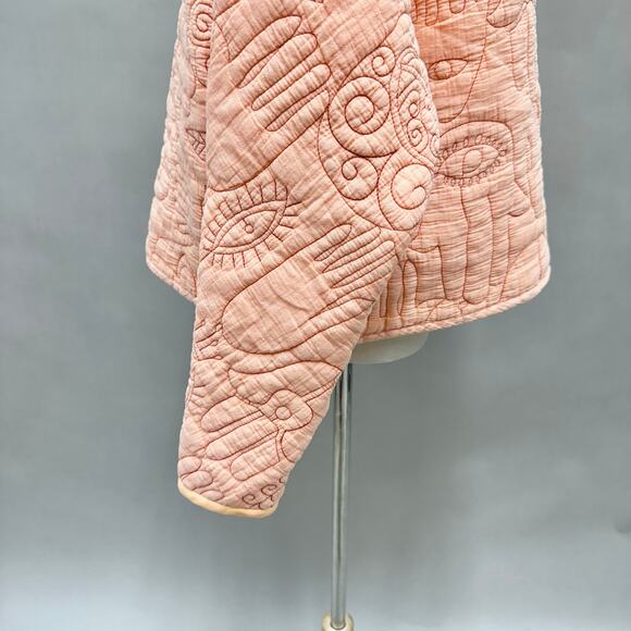 Oscilatey Quilt Funnel Neck Orange Pullover with Hasma/Evil Eye Size Medium - Picture 8 of 14